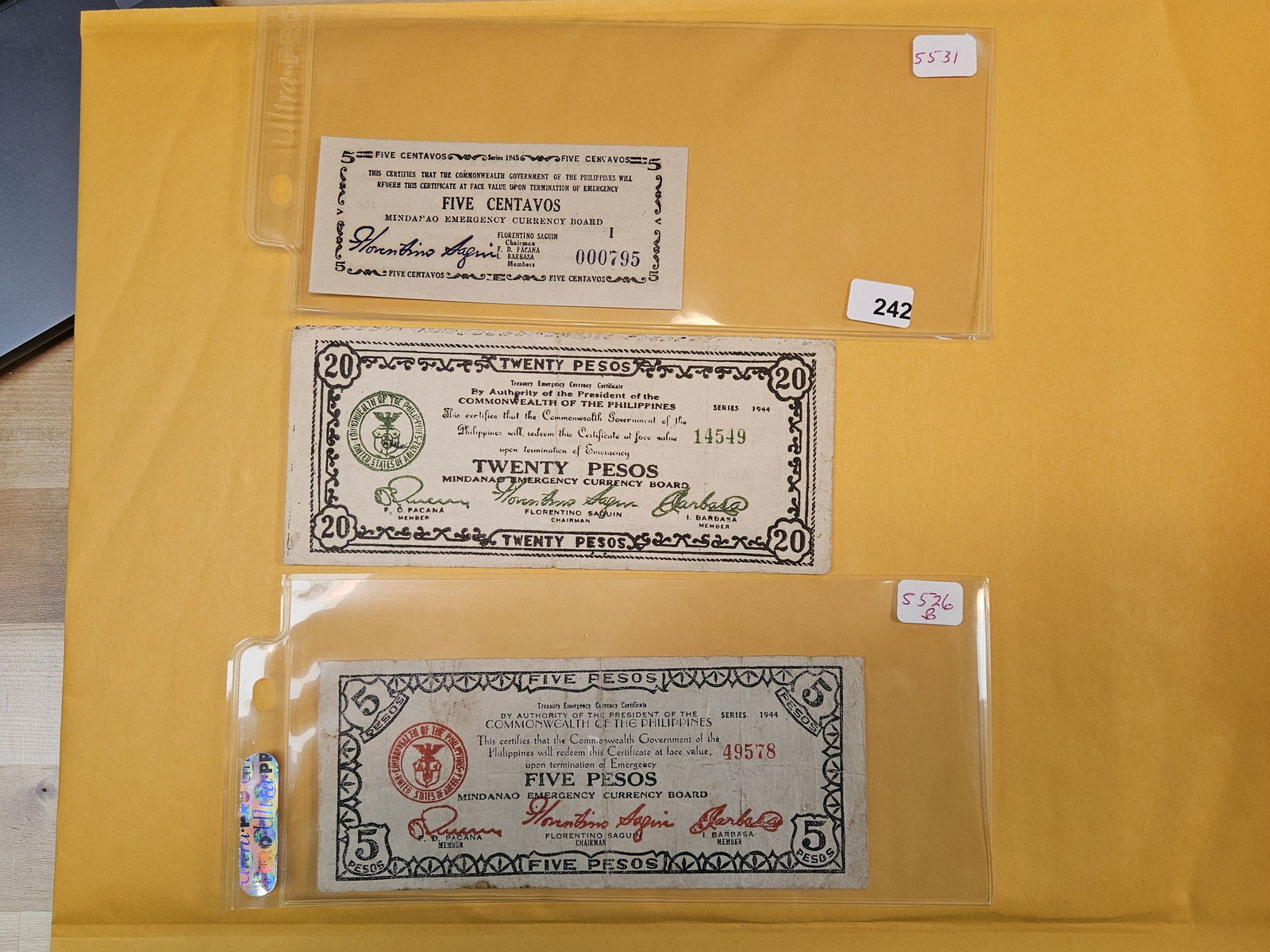 Three scarcer Philippines Notes: 5 centavos, 20 pesos and 5 pesos 