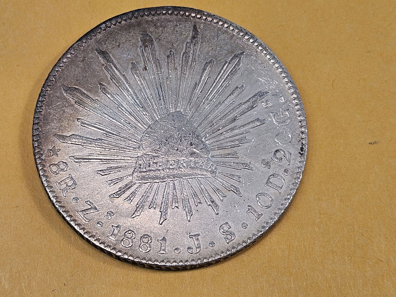 Bright About Uncirculated plus 1881 jj Mexico silver 8 reals - 3