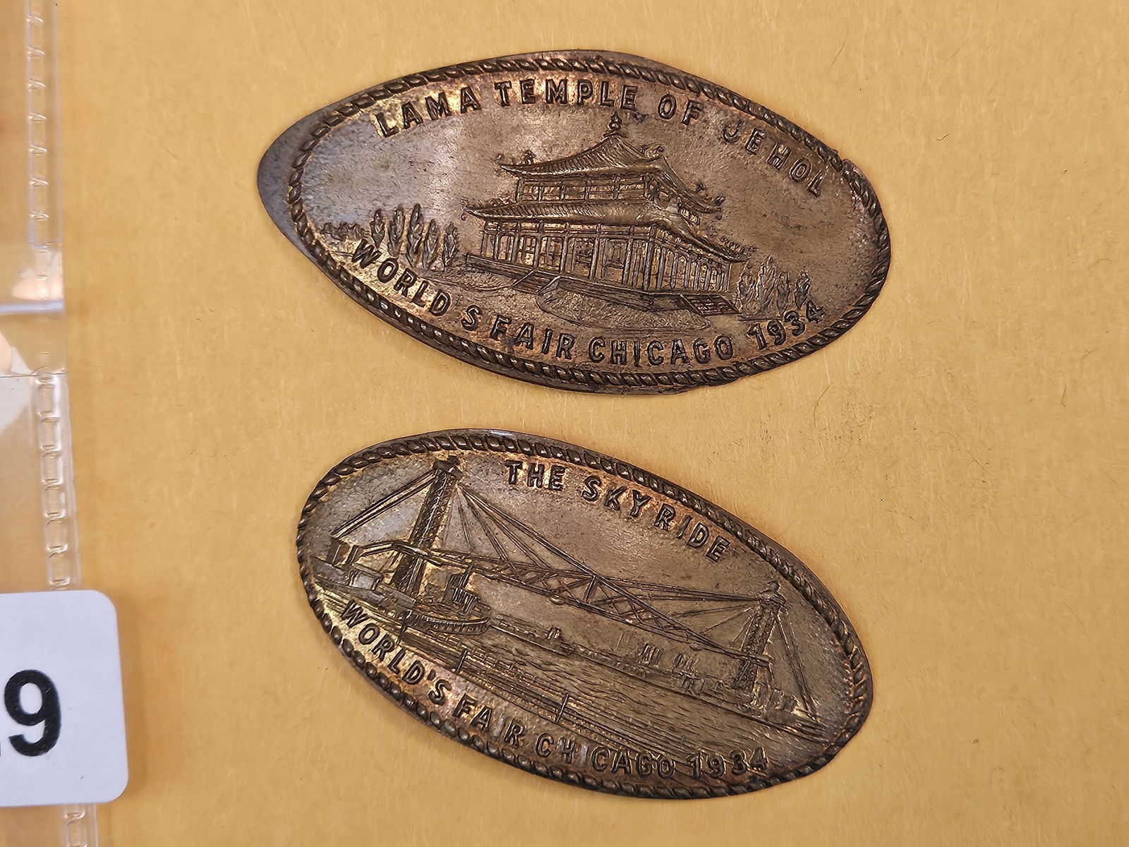 Two 1934 Chicago World's Fair Elongated Cents: Temple of Jehol and Sky Ride 