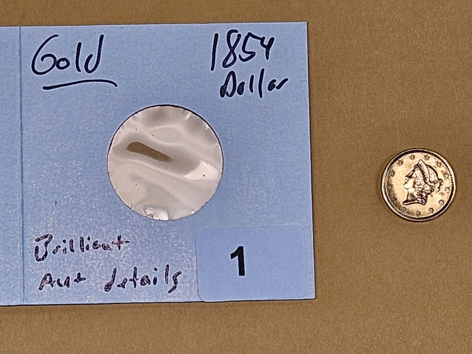 GOLD! Brilliant About Uncirculated plus - Details 1854 Gold Dollar - 2