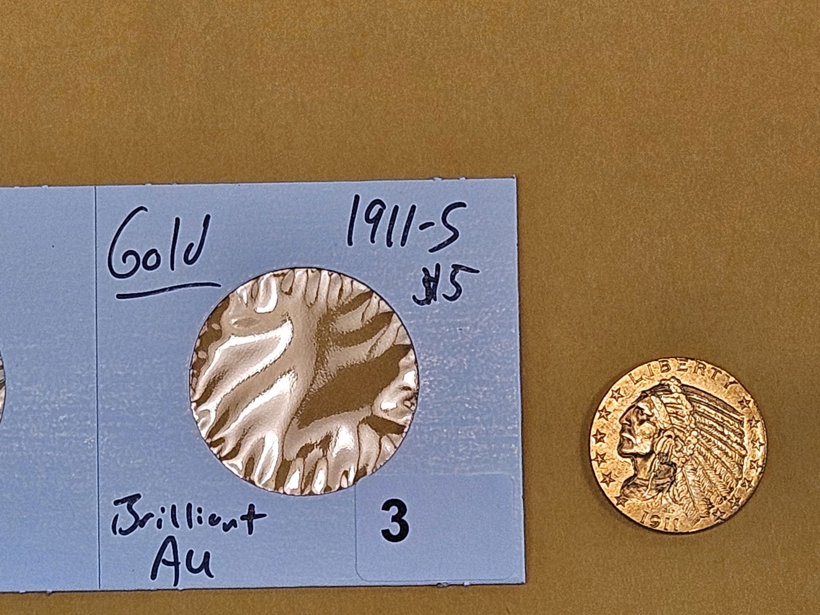 GOLD! Brilliant About Uncirculated 1911-S Gold Indian $5 Dollar - 2