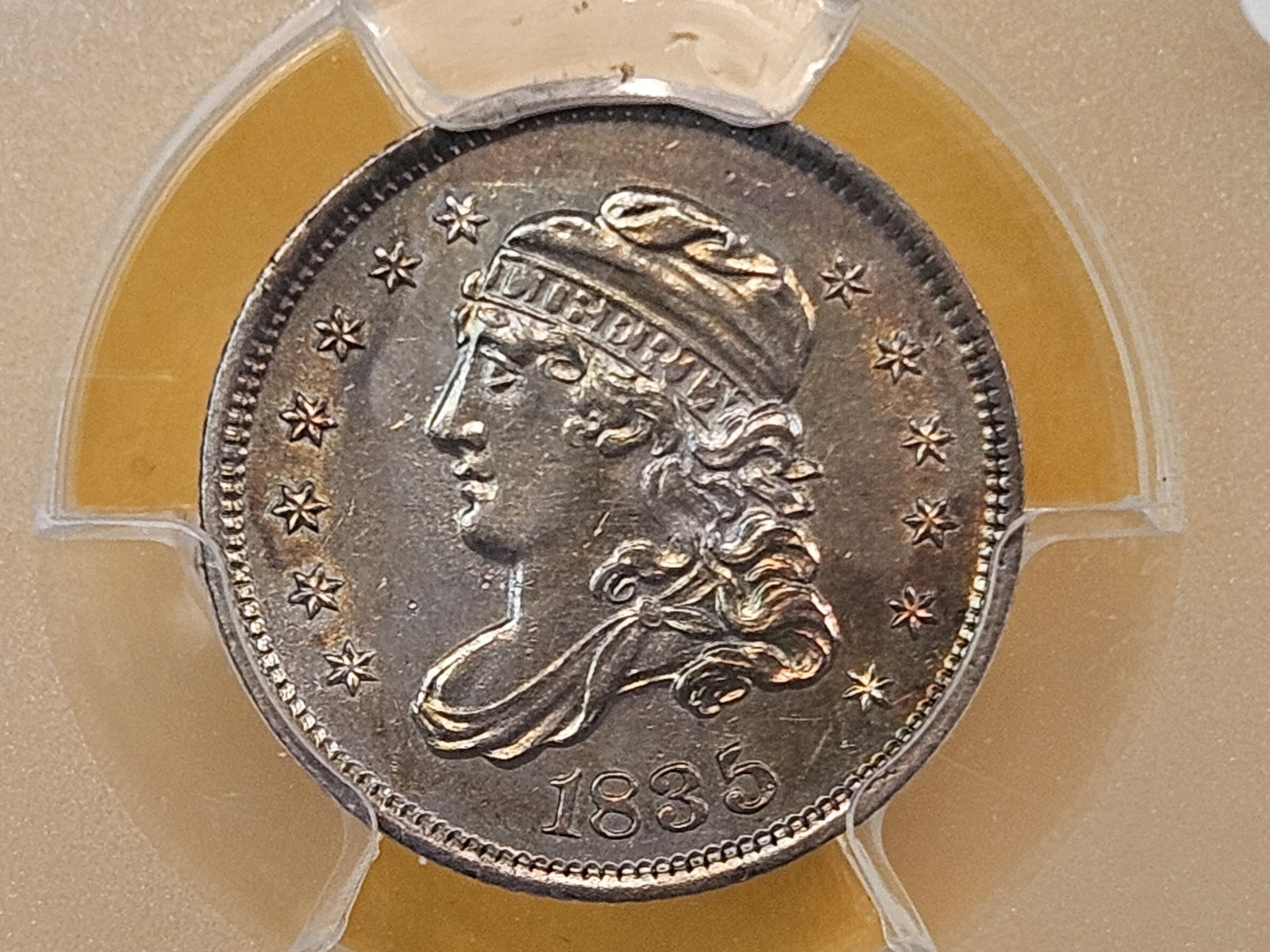PCGS 1835 Capped Bust silver half-Dime in Brilliant About Uncirculated - details: Large Date. Small 5C. Excellent toning!