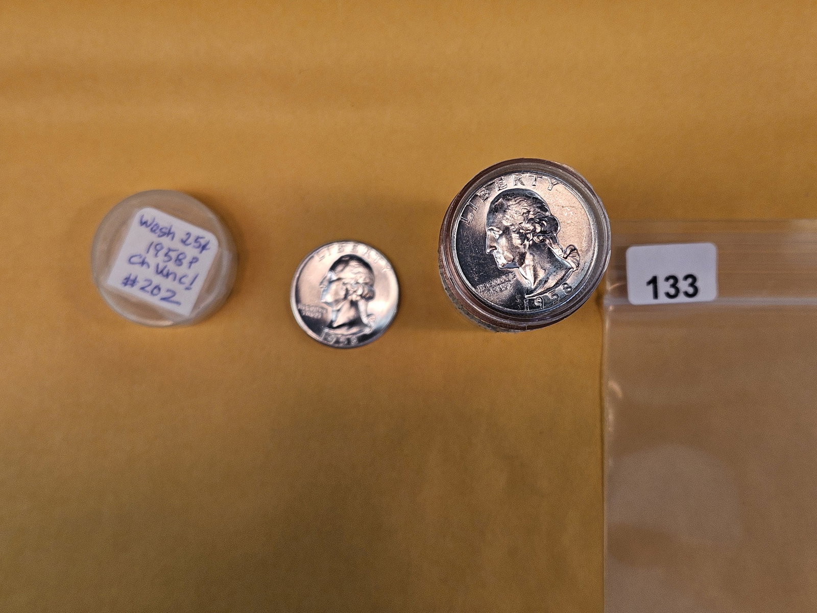 Full Roll of Choice Brilliant Uncirculated 1958 silver Washington Quarters: From Consignor. Top couple are Choic BU. Rest unchecked by us 