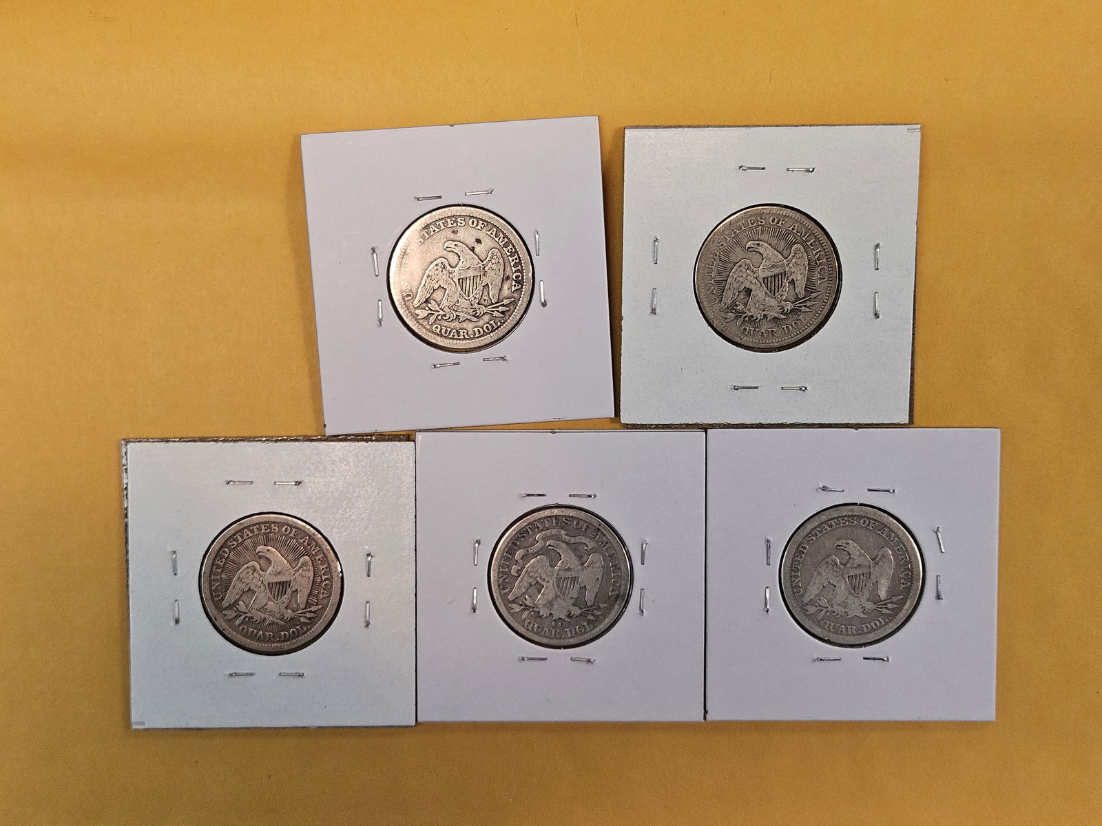Five mixed Seated Liberty silver Quarters - 3