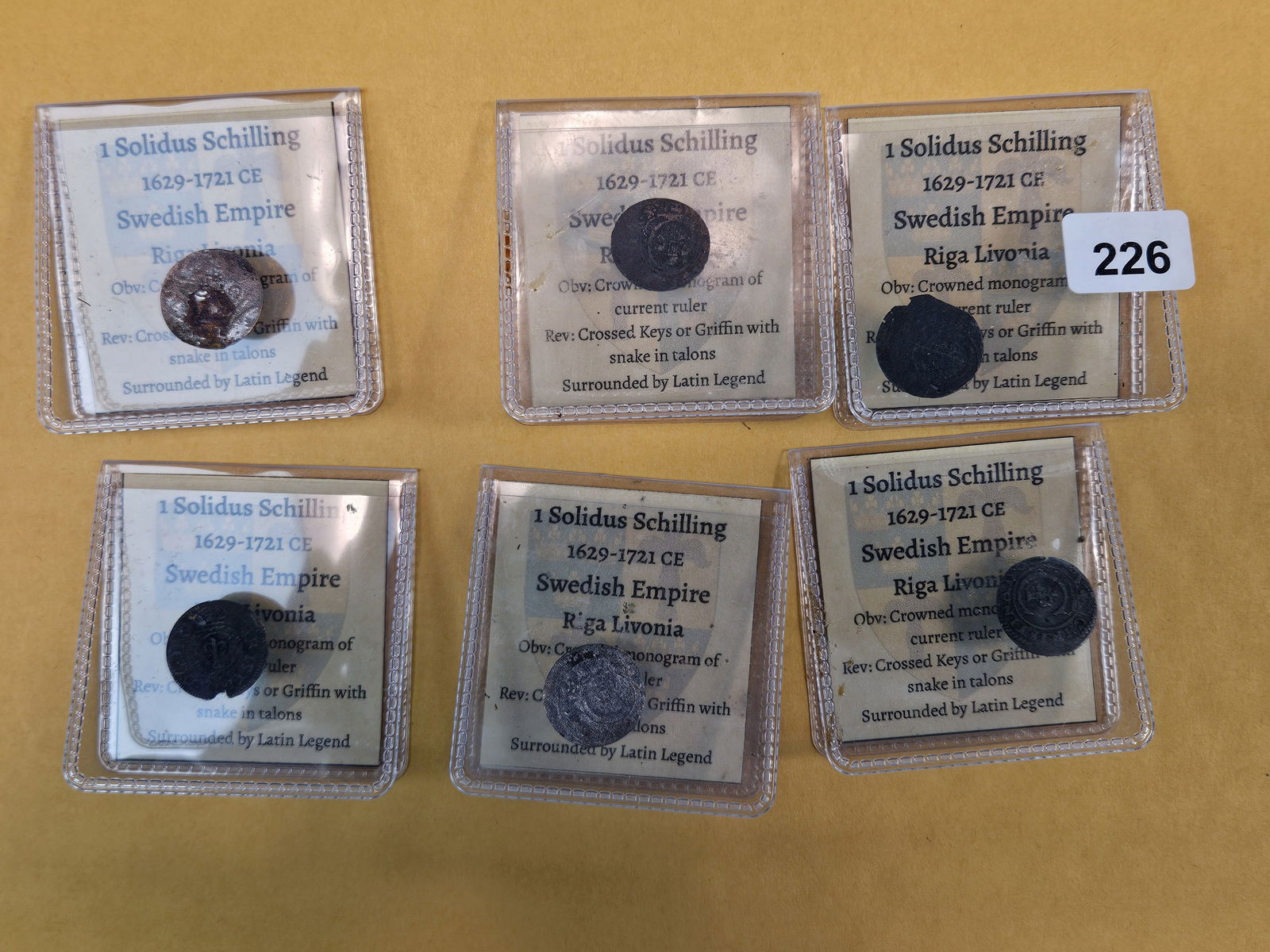 Six Swedish 1 Solidus Schilling: All 1629 - 1721 CE. Riga Livonia 