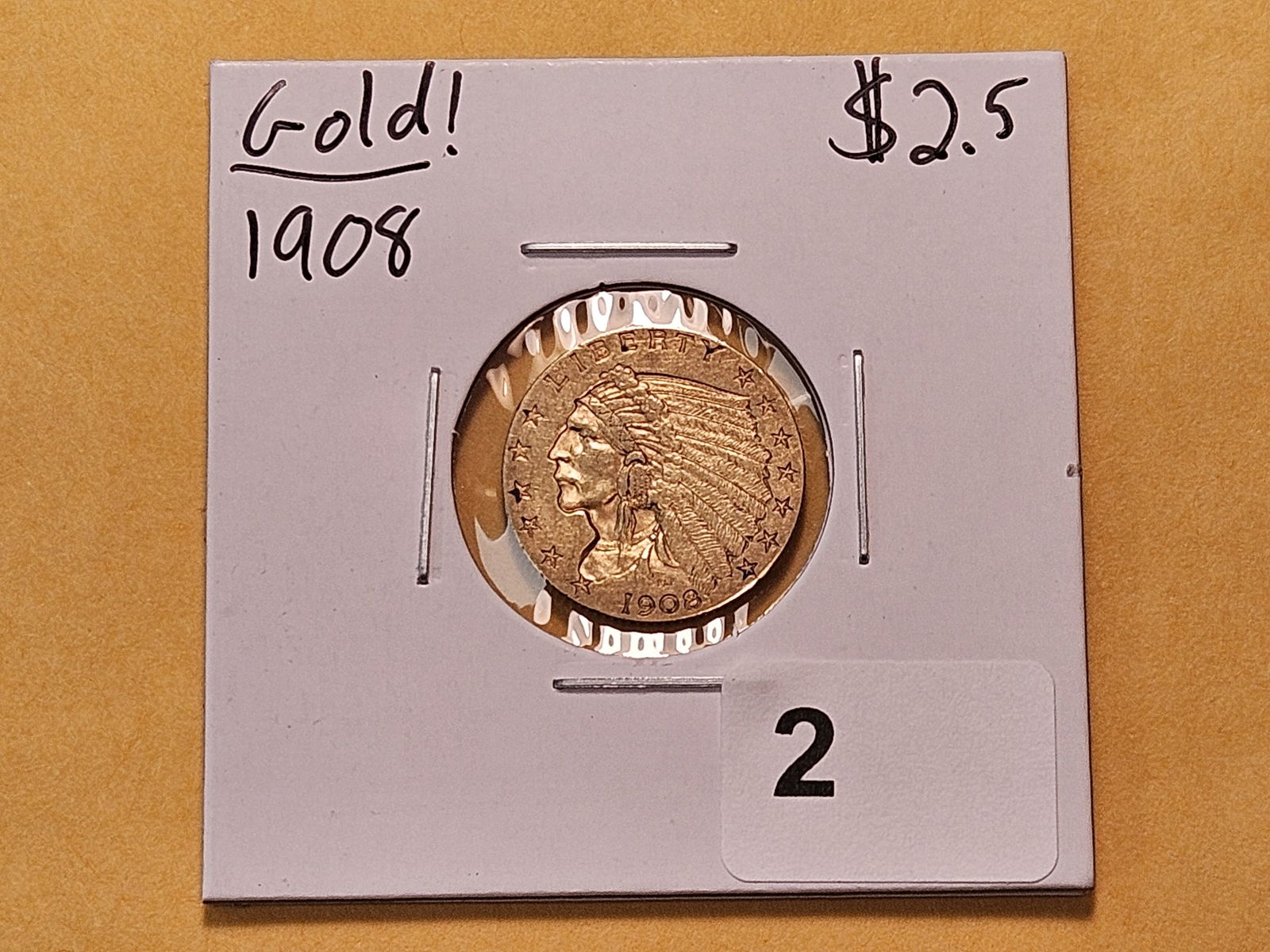 GOLD! Brilliant About Uncirculated 1908 Indian Head $2.5 Gold - 2