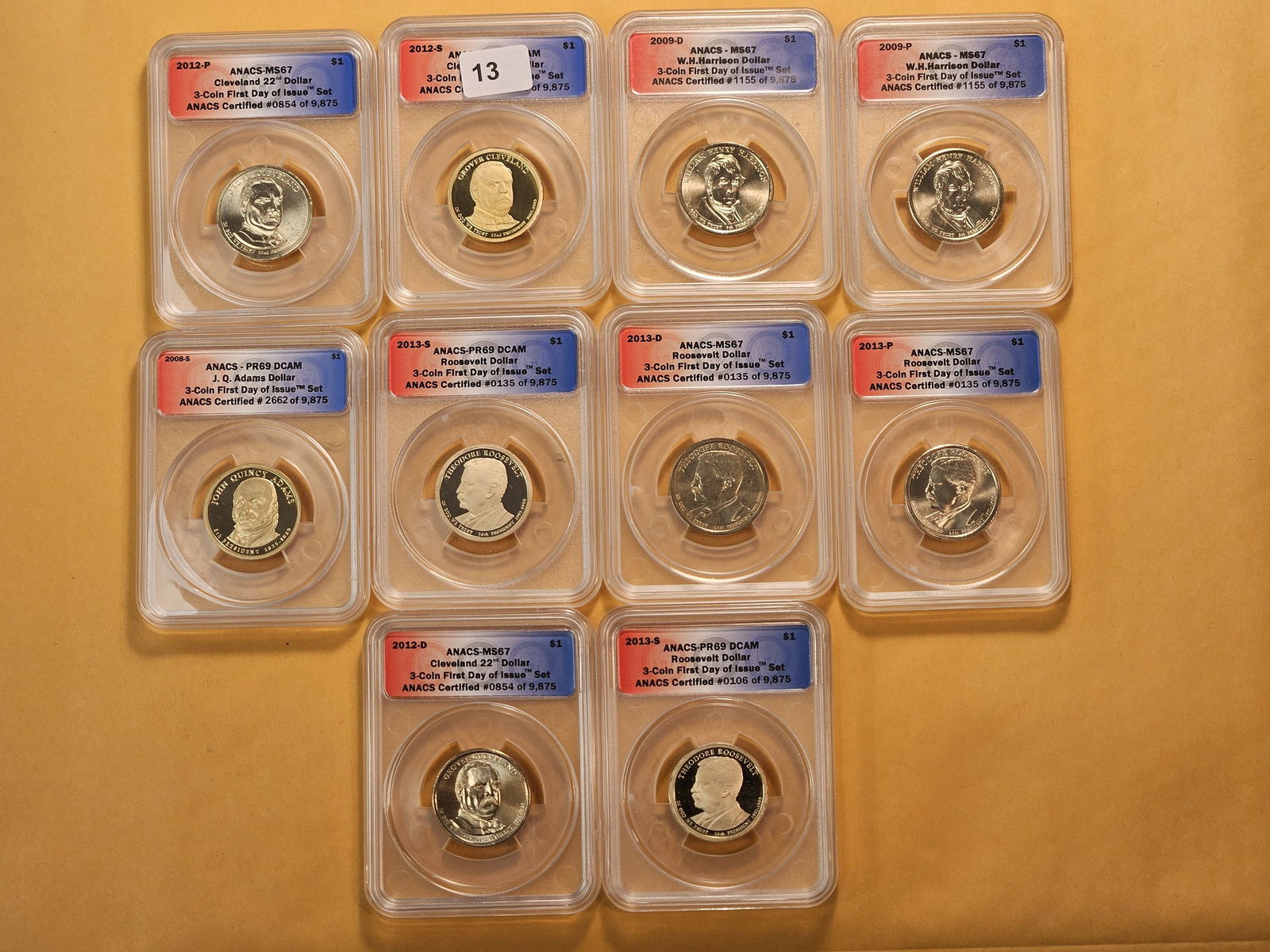 Ten ANACS Graded Presidential Dollars: Mixed years, GEM Proof in PR-69 DCAM and Brilliant Uncirculated in MS-67 