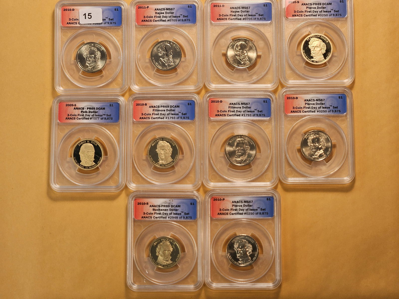 Ten ANACS Graded Presidential Dollars: Mixed years, GEM Proof in PR-69 DCAM and Brilliant Uncirculated in MS-67 