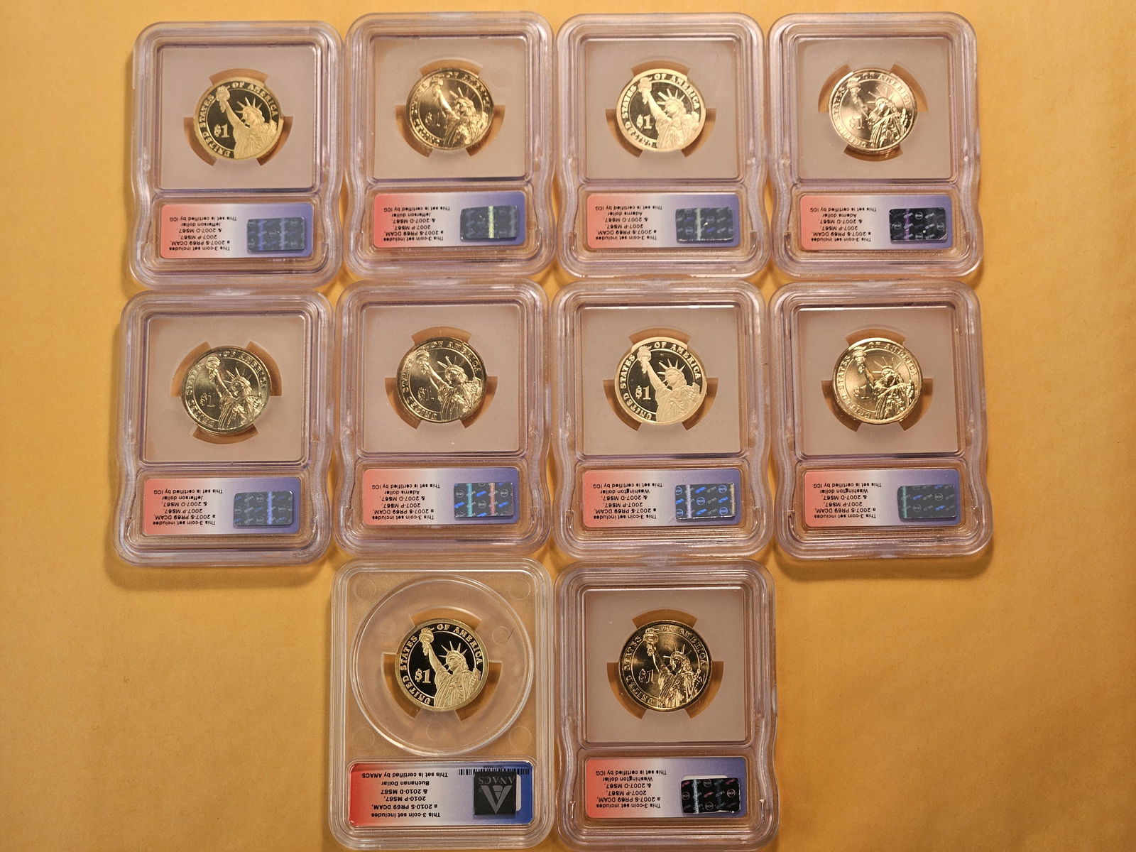 Nine ICG and one ANACS Graded Presidential Dollars - 5