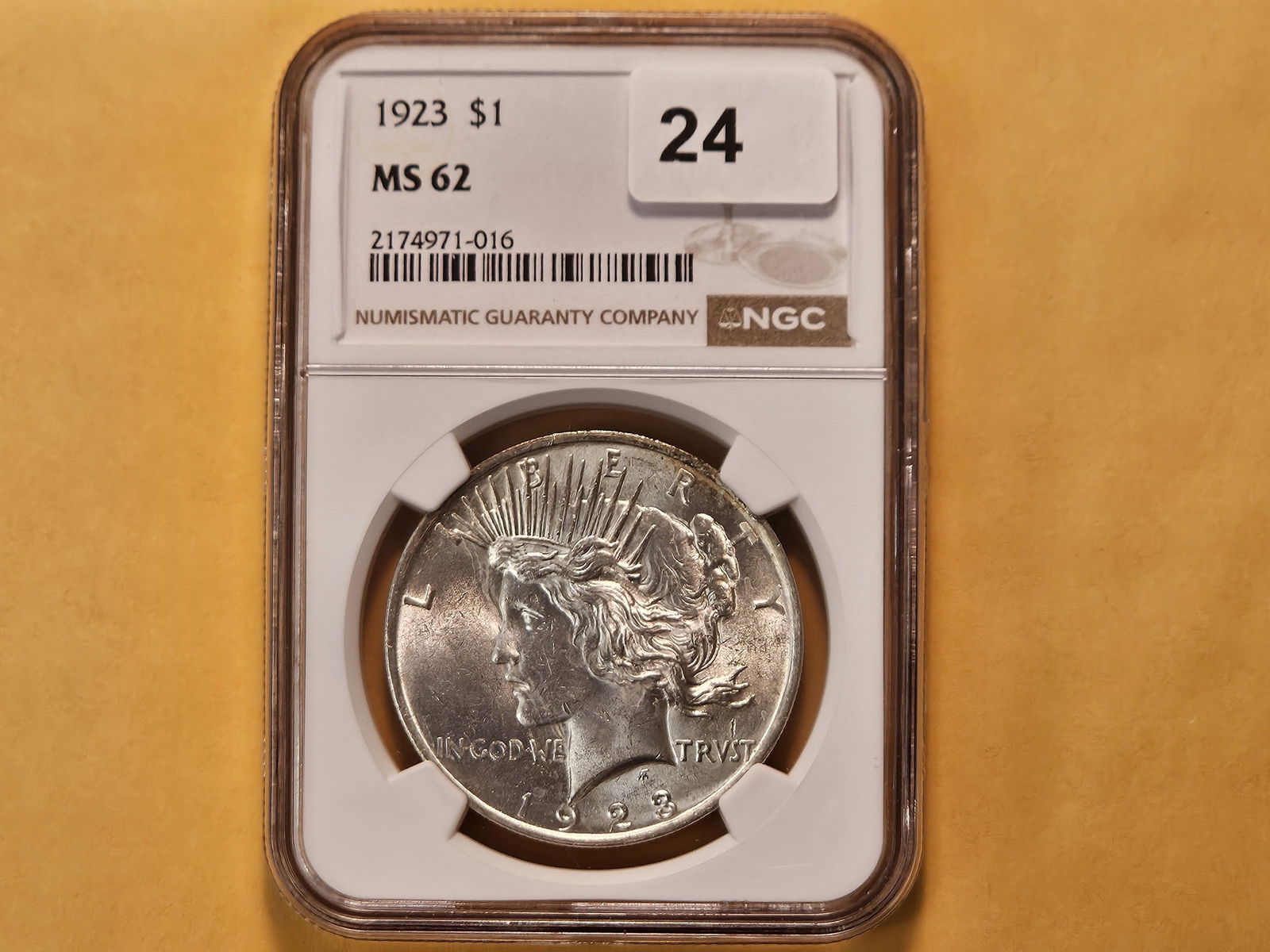 NGC 1923 Peace Silver Dollar in Mint State 62 - 2