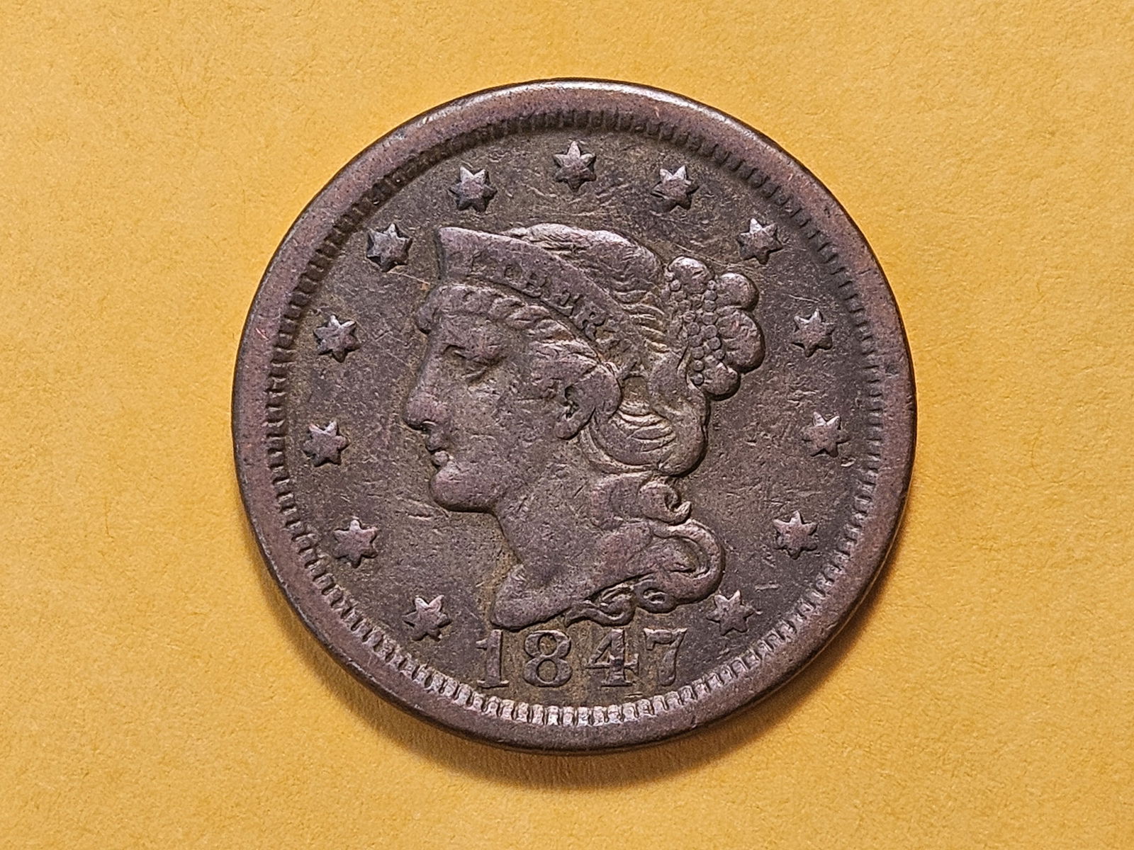 1847 Braided Hair Large Cent: Very Fine