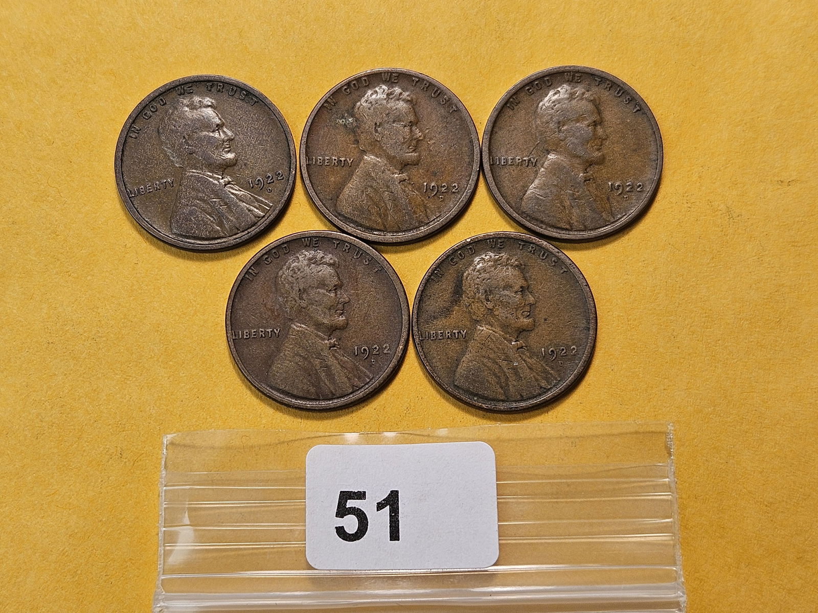 Five Semi-Key 1922-D Wheat Cents: Circulated 