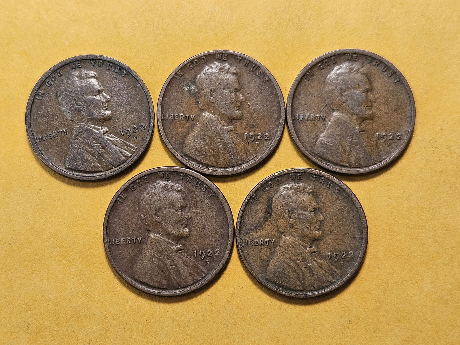 Five Semi-Key 1922-D Wheat Cents - 2