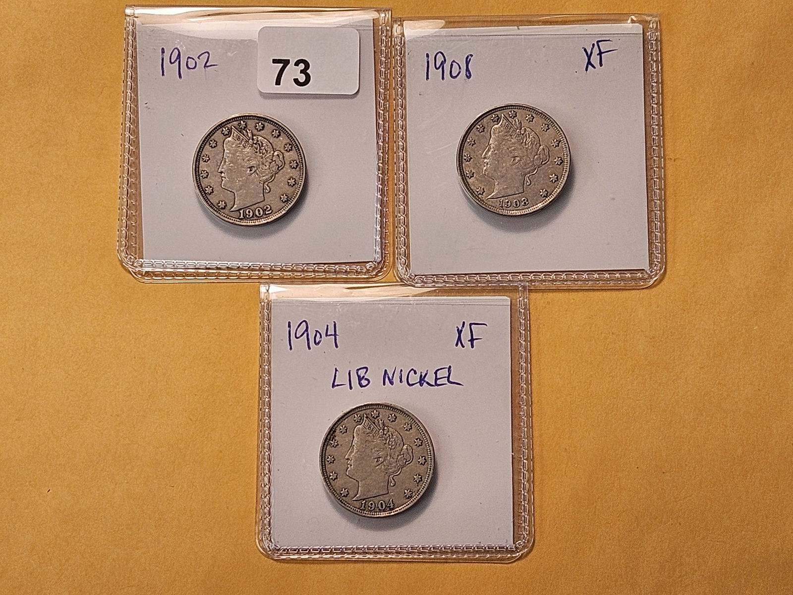Three Circulated Liberty V Nickels: 1902, 1904 and 1908
