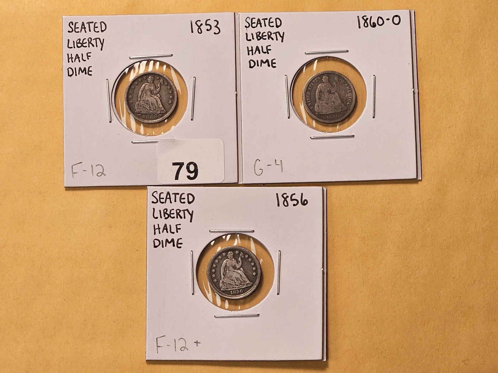 Three Circulated Seated Liberty Silver Half Dimes: 1853 Arrows, 1856 and 1860-O 