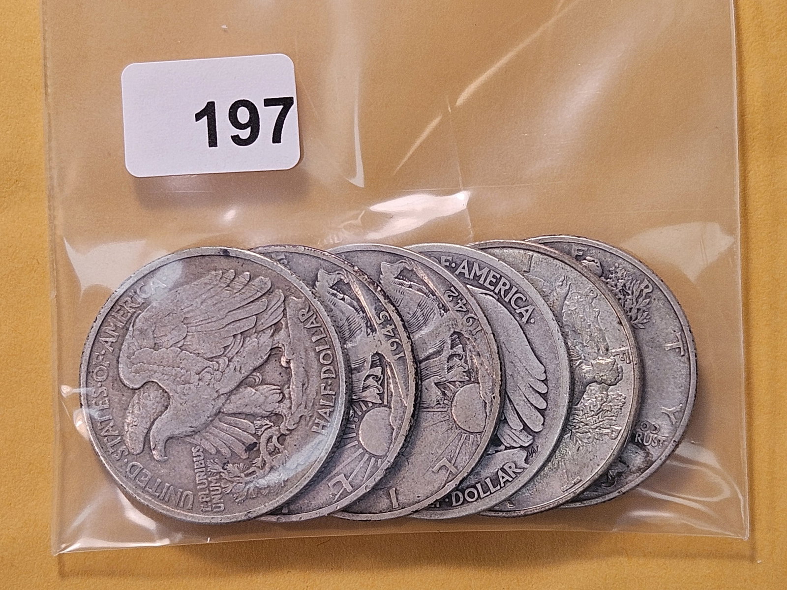 Six Circulated Walking Liberty Silver Half Dollars: Mixed dates 