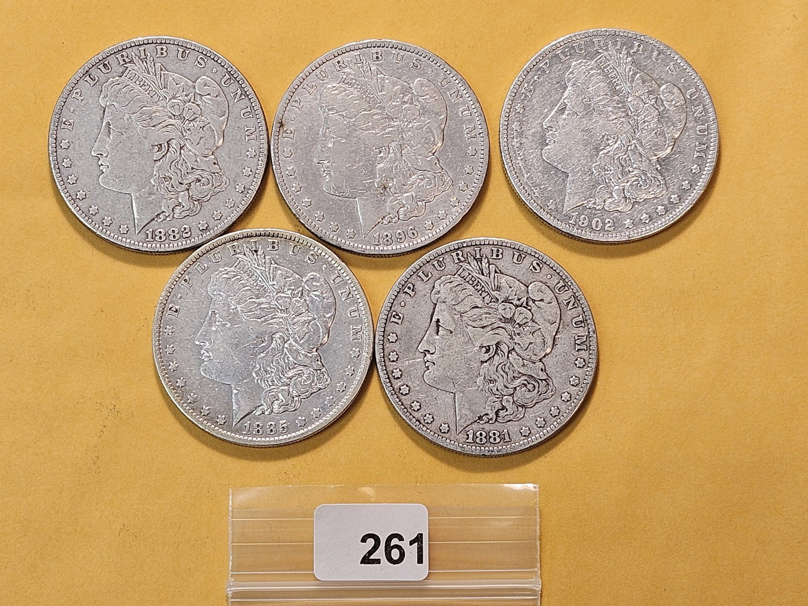 Five Circulated Morgan Silver Dollars: 1881, 1882, 1885-O, 1896-O and 1902 
