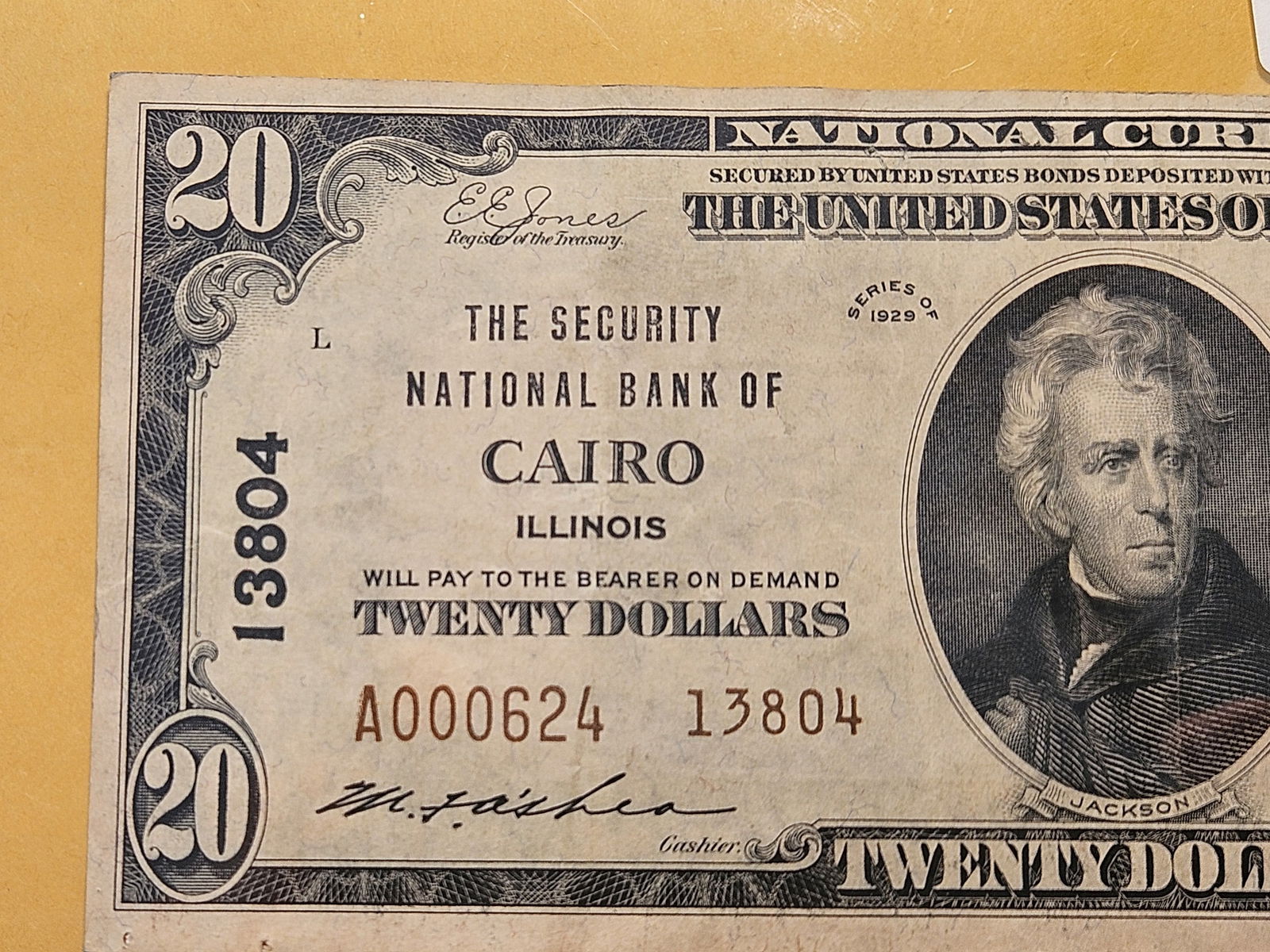 LOW SERIAL NUMBER! Series 1928 Twenty Dollar National Currency in Very Fine plus - 2