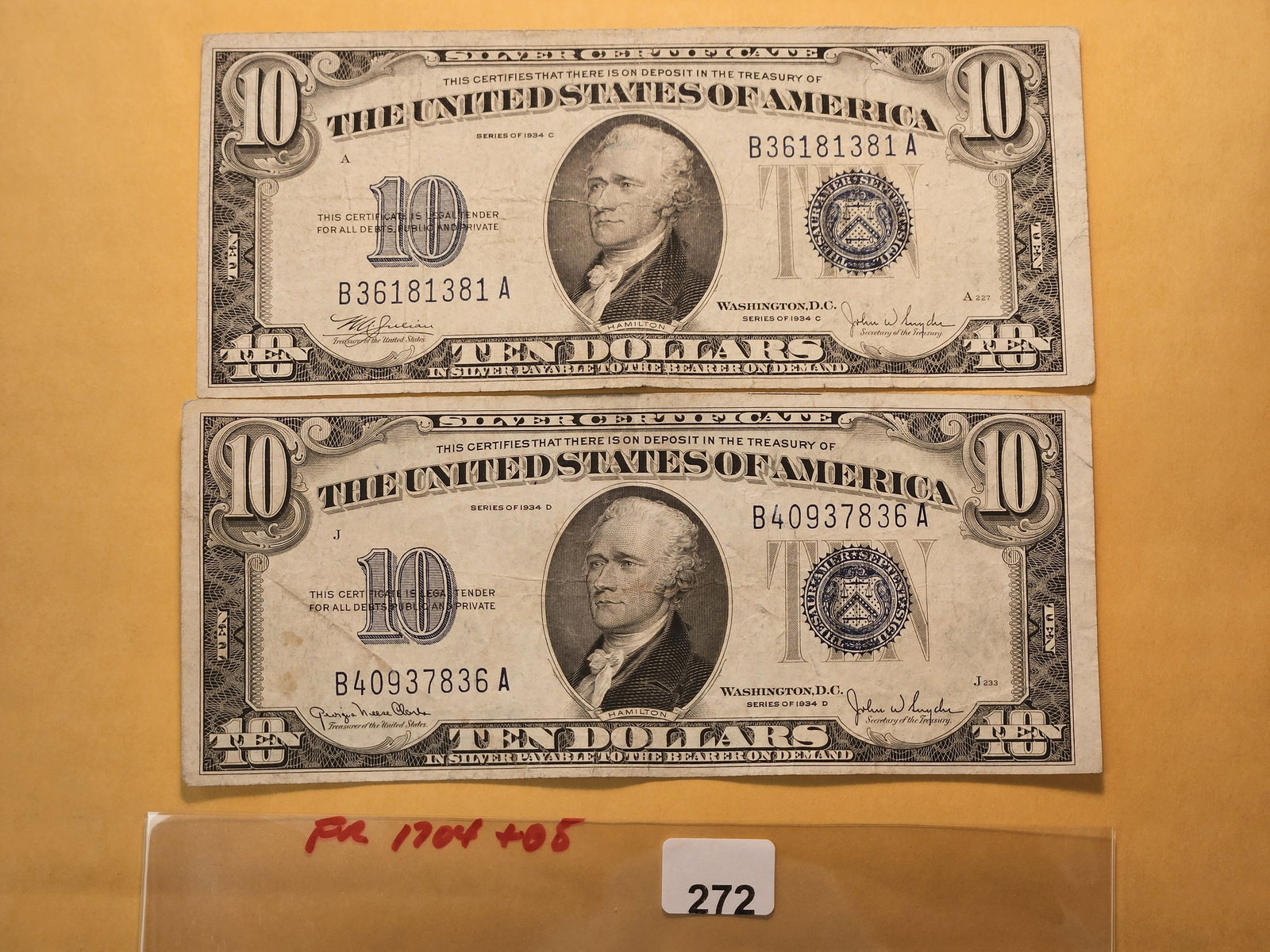 Two Circulated Blue Seal Ten Dollar Silver Certificates: Series 1934-C and Series 1934-D 