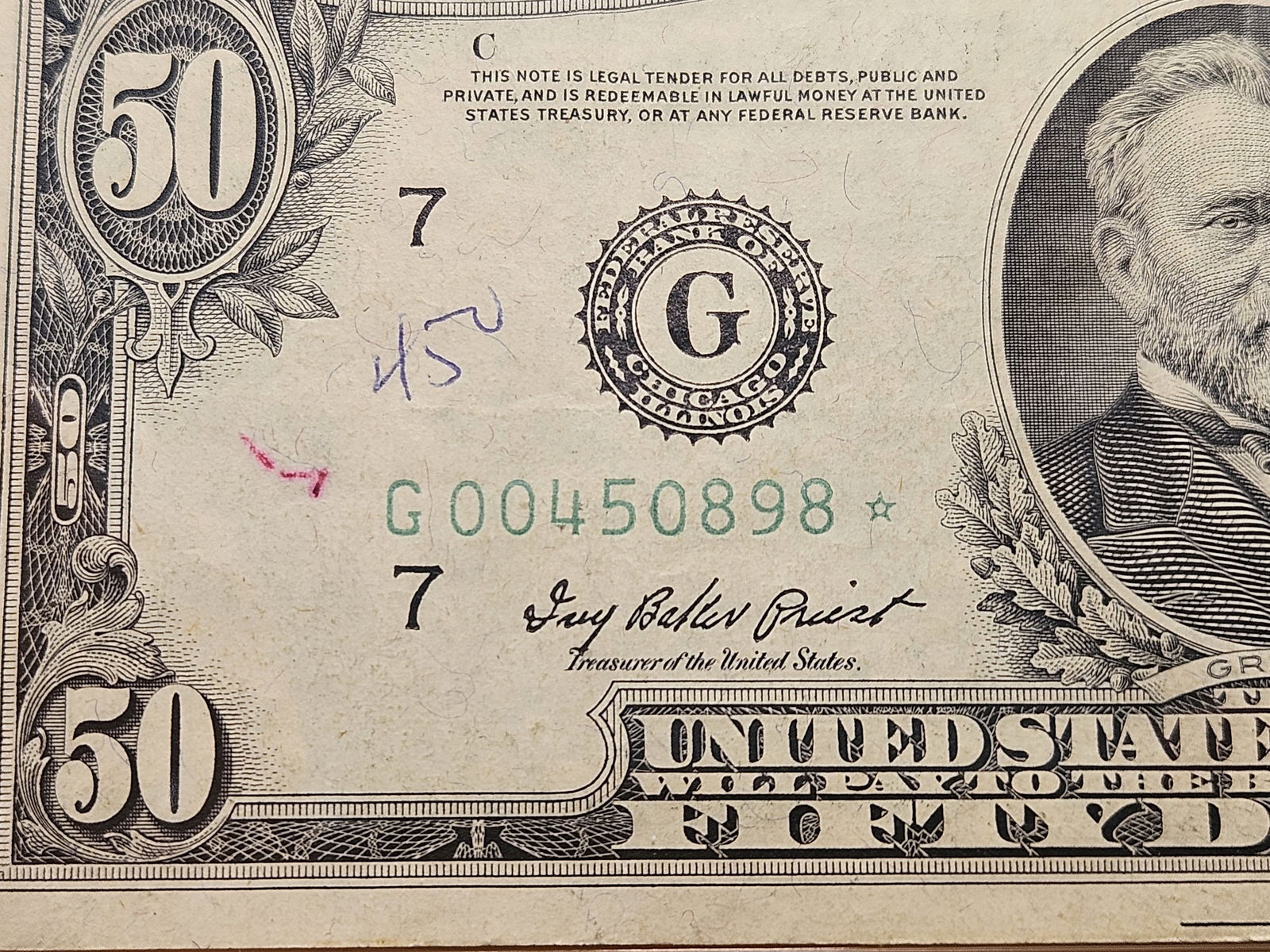 About Uncirculated Series 1950-B Fifty Dollar Federal Reserve STAR Note - 2