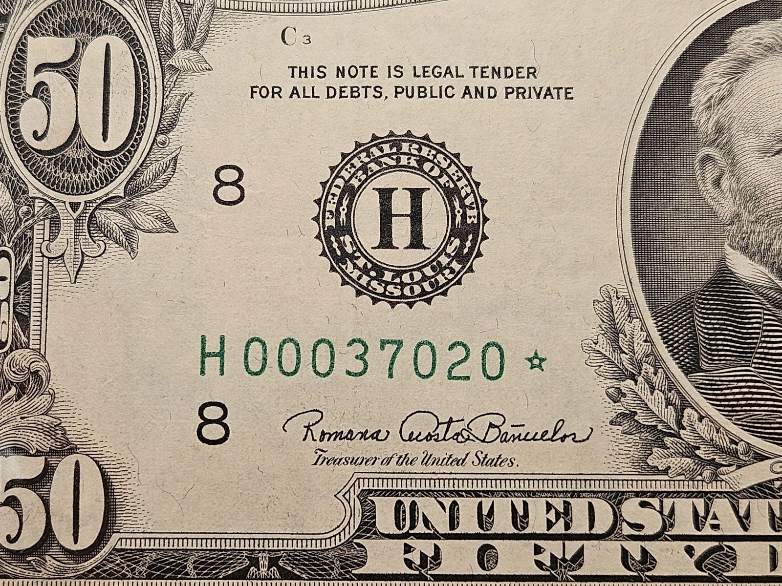 About Uncirculated Series 1969-C Fifty Dollar Federal Reserve STAR Note - 2