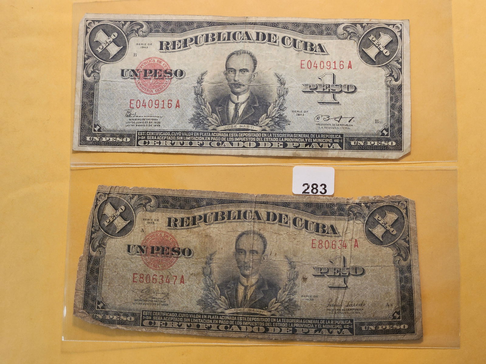 Two Republic of Cuba One Peso Notes: Series 1939 and 1943 