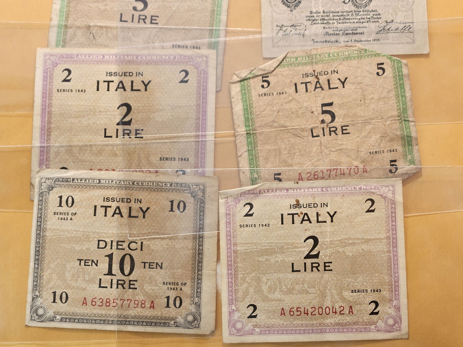 Six 1943 Allied Currency Bank Notes from Italy and two other Foreign Notes - 3