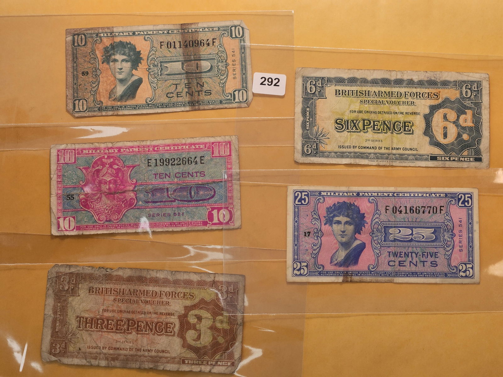 Five Military Payment Certificates: Three United States and two British Armed Forces 