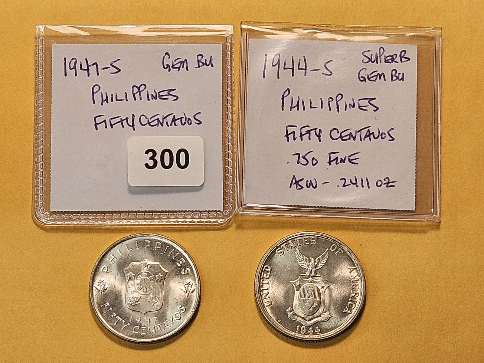 Two GEM Brilliant Uncirculated Philippines Silver Fifty Centavos: 1944-S and 1947-S 