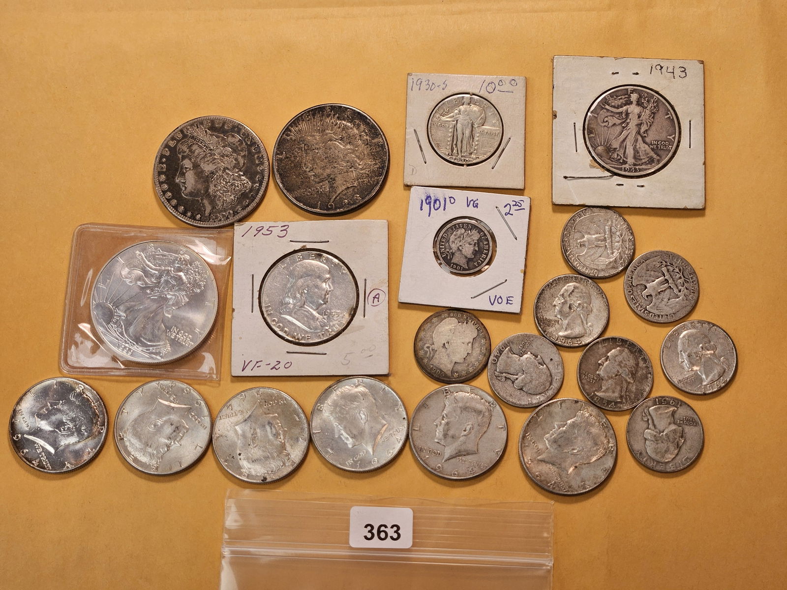 Better than Junk Silver!: American Silver Eagle, Morgan and Peace Silver Dollars, eight 90% Silver Half Dollars, 9 Silver Quarters and a Silver Dime 