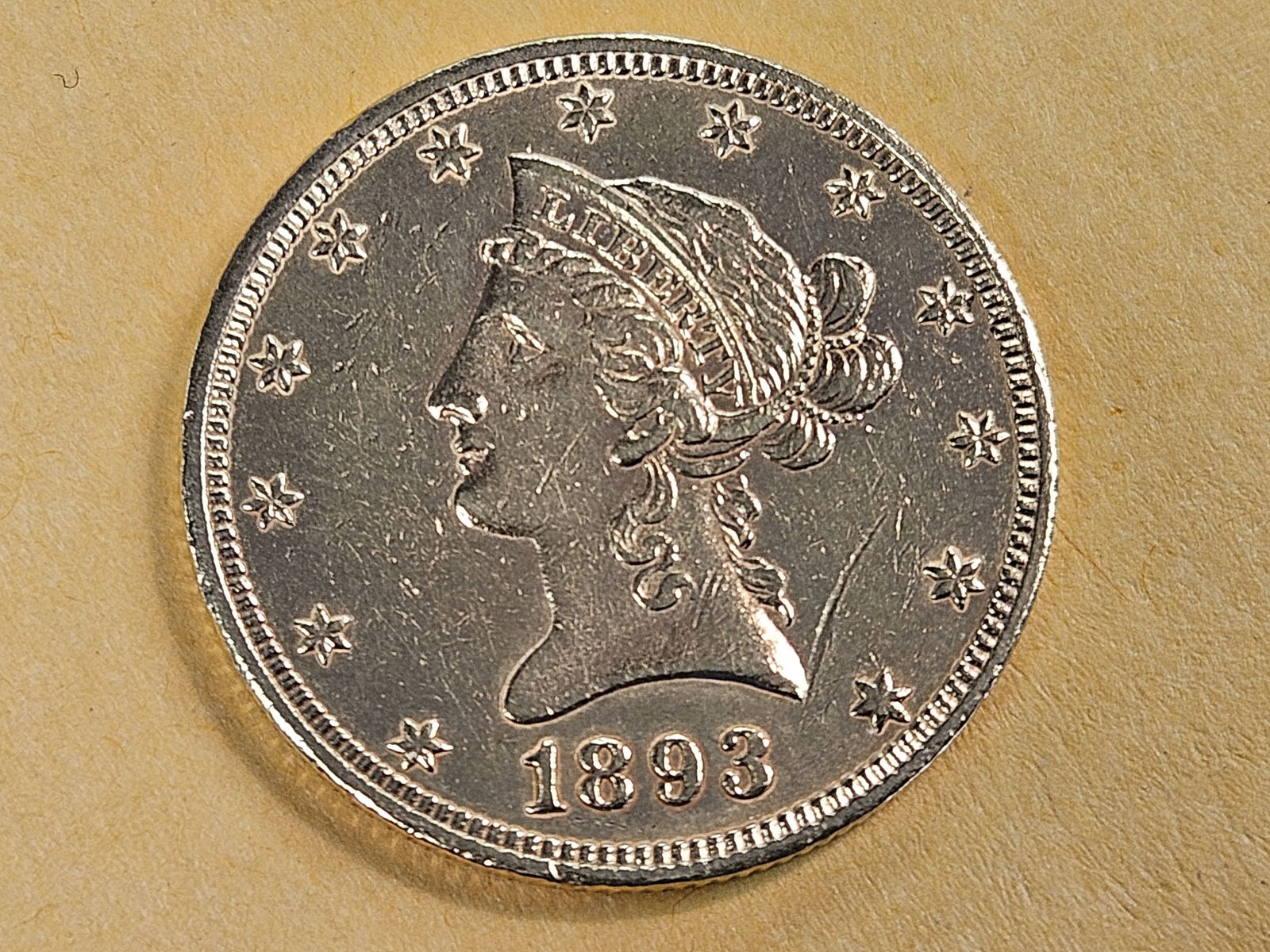 GOLD! 1893 Liberty Head Gold Ten Dollars in Brilliant Uncirculated - details: Eagle. Polished