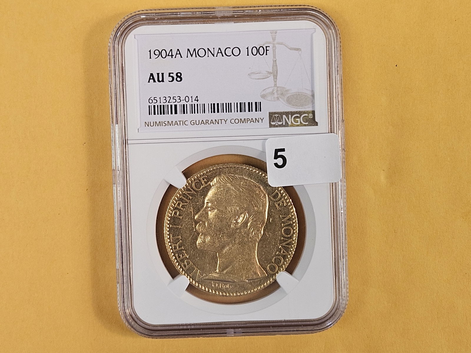 GOLD! NGC 1904-A Monaco GOLD 100 Francs in About Uncirculated - 58 - 2