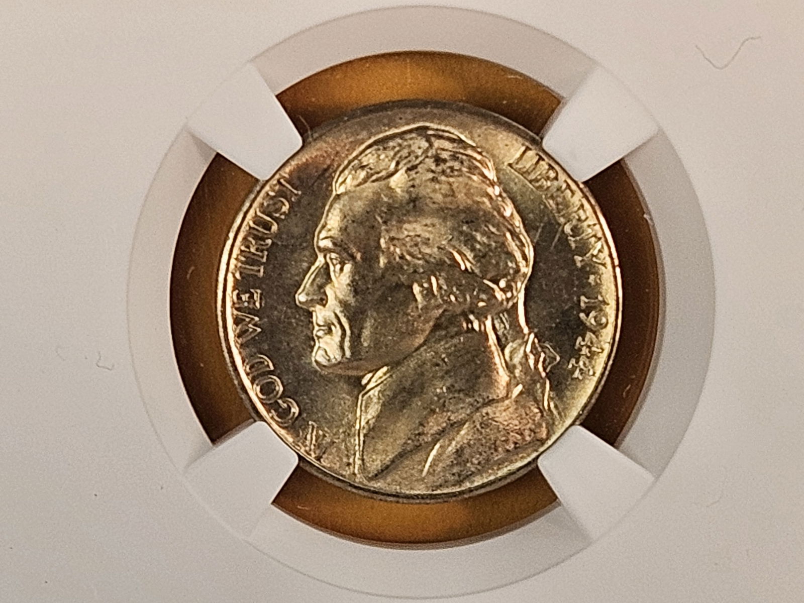 Superb GEM! NGC 1944-D Silver Wartime Jefferson Nickel in Mint State 67: Purty with a very light patina 