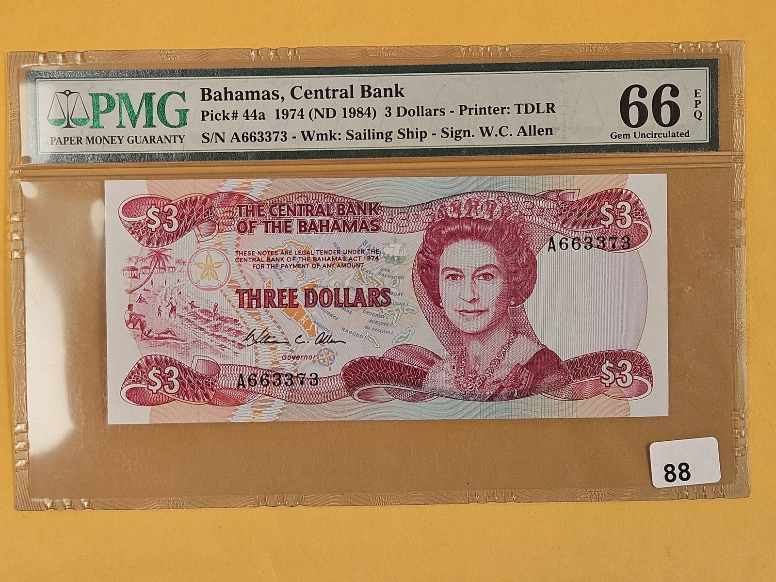 PMG Bahamas, Central Bank Three Dollars in GEM Uncirculated66 EPQ (1 of 2)