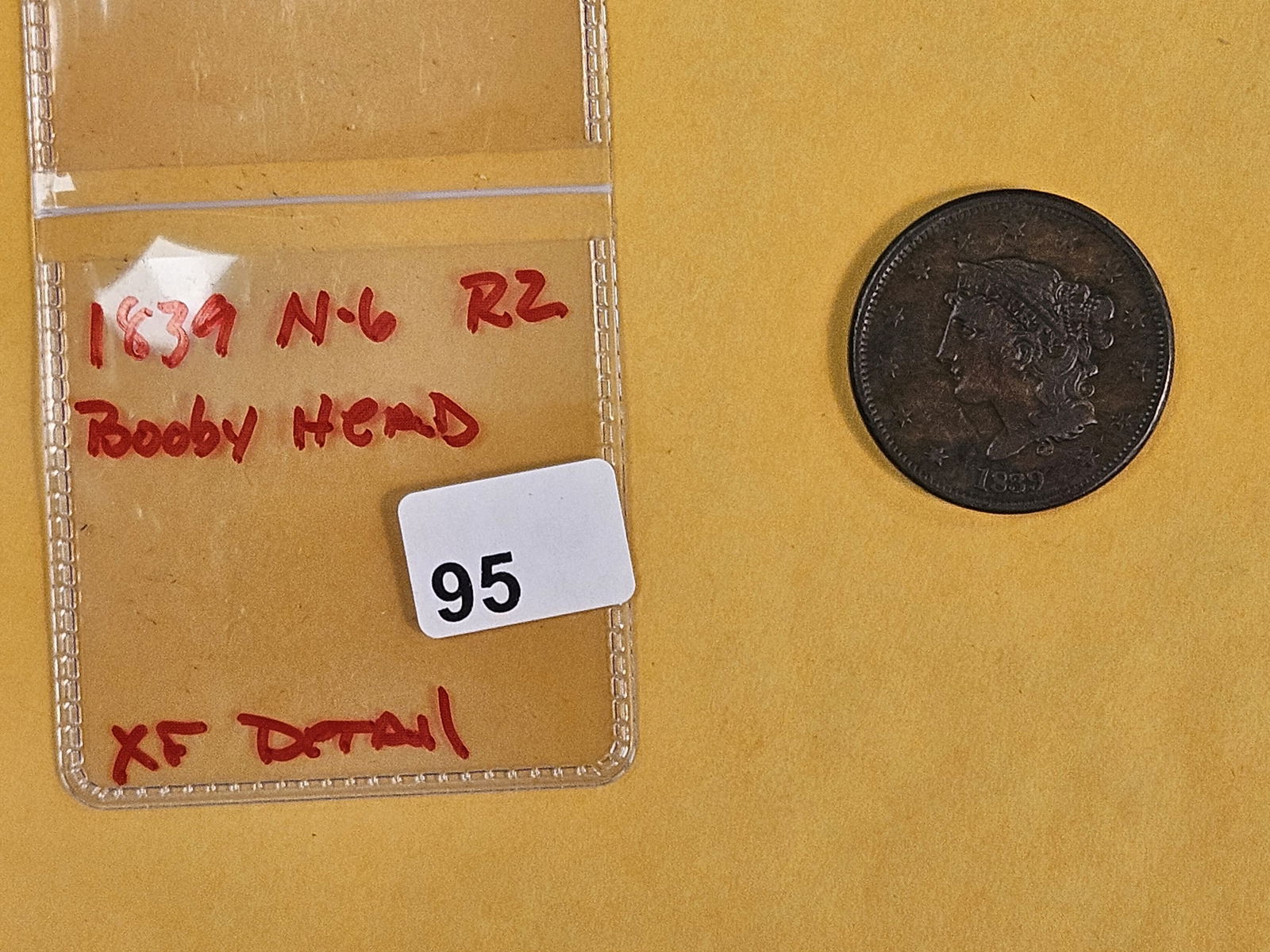 1839 Booby Head Large Cent in Extra Fine - details - 2