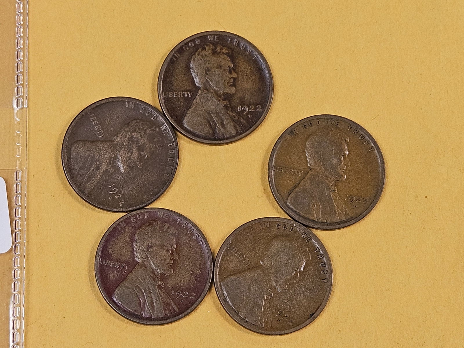 Five semi-key 1922-D Wheat cents: Circulated 
