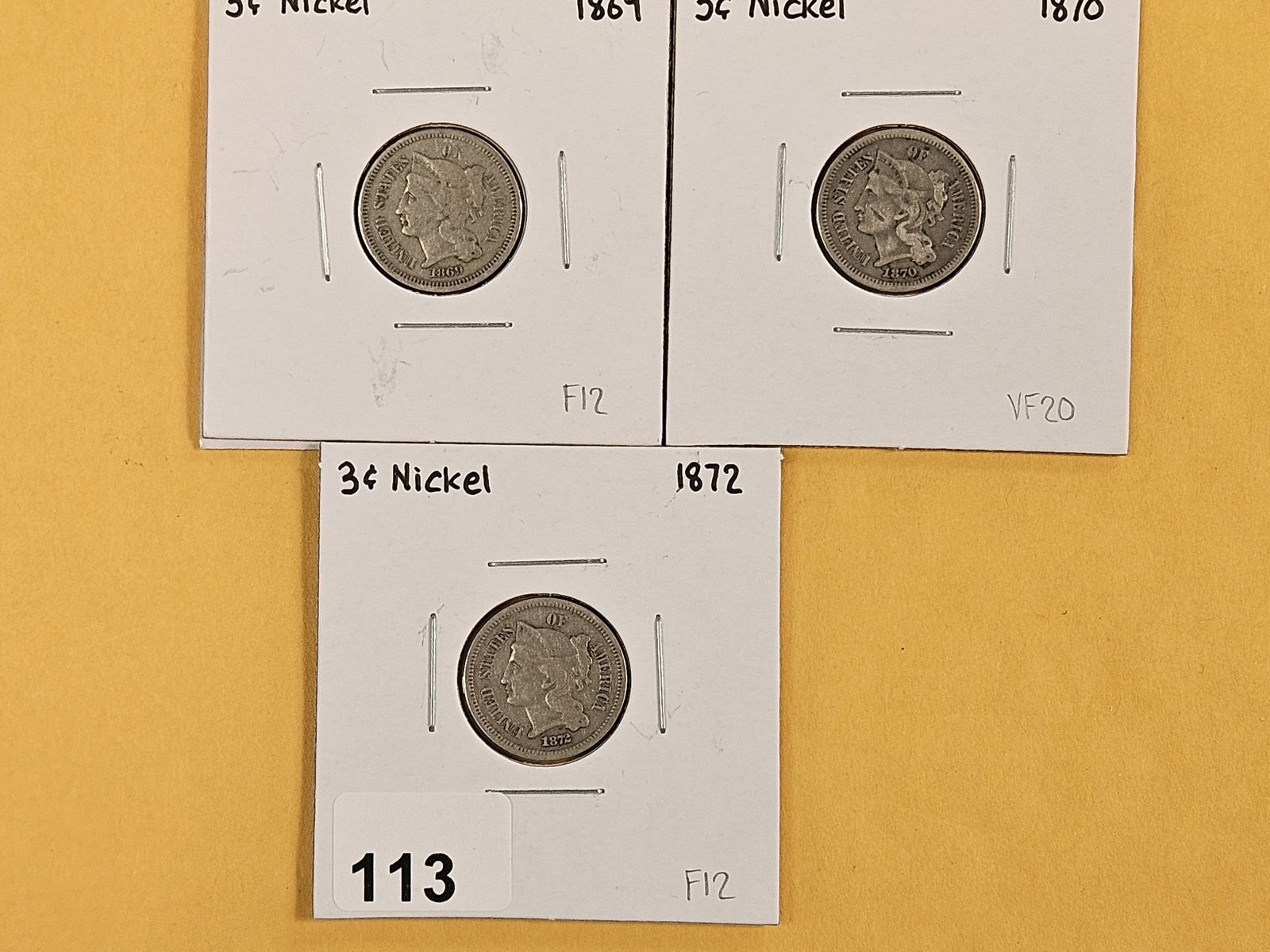 Three 3-cent Nickels in Very Good to Fine plus: 1869, 1870 and 1872 