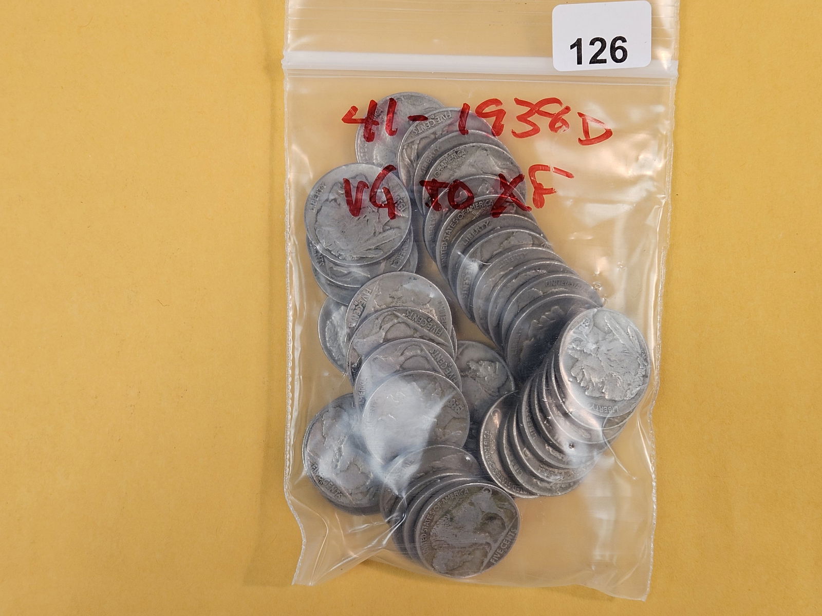 Forty-One Buffalo nickels in Very Good to Extra Fine: All 1938-D, last year issue 