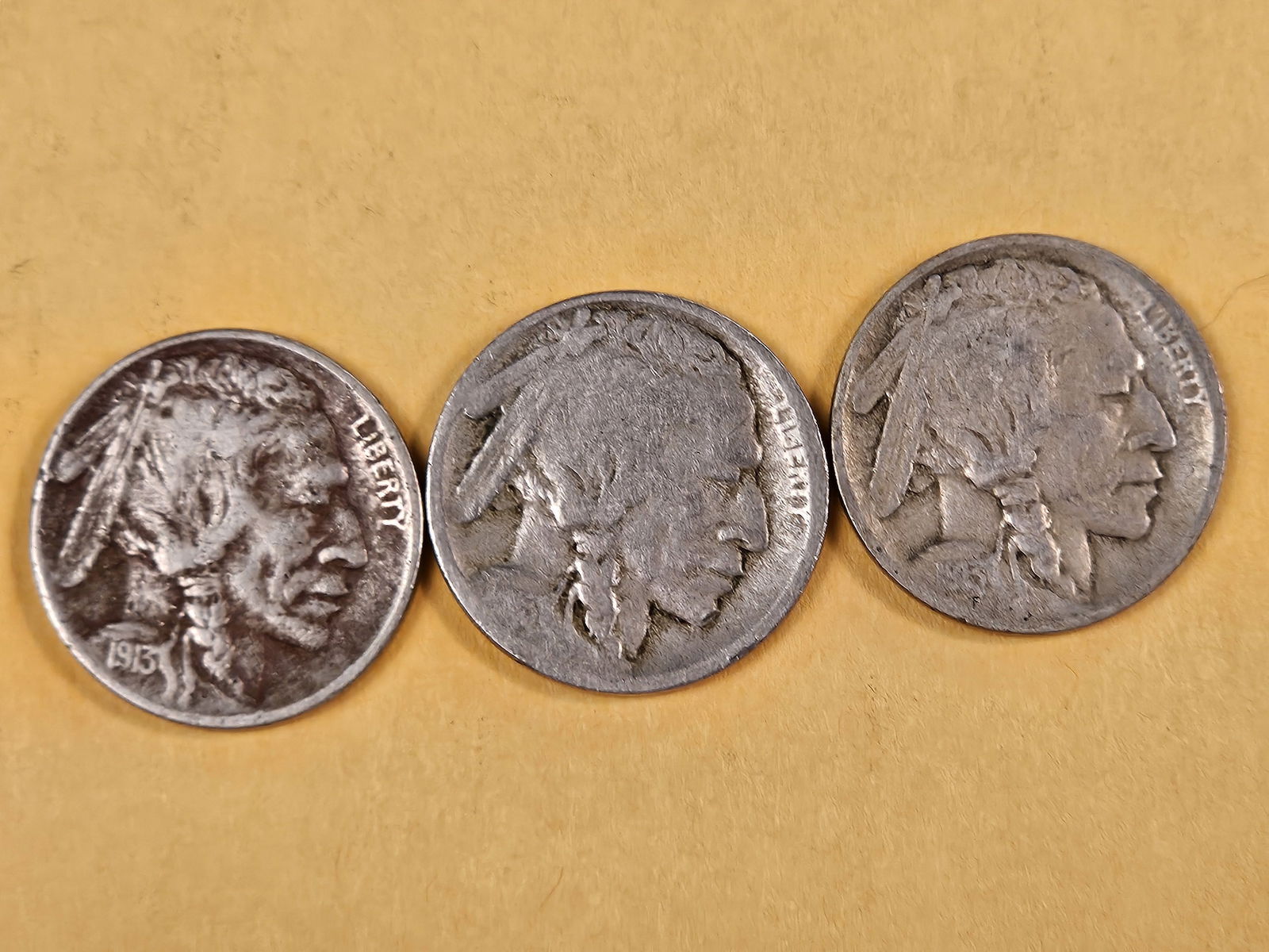 1913 P-D-S Buffalo Nickel Trio: All in Fine to Very Fine