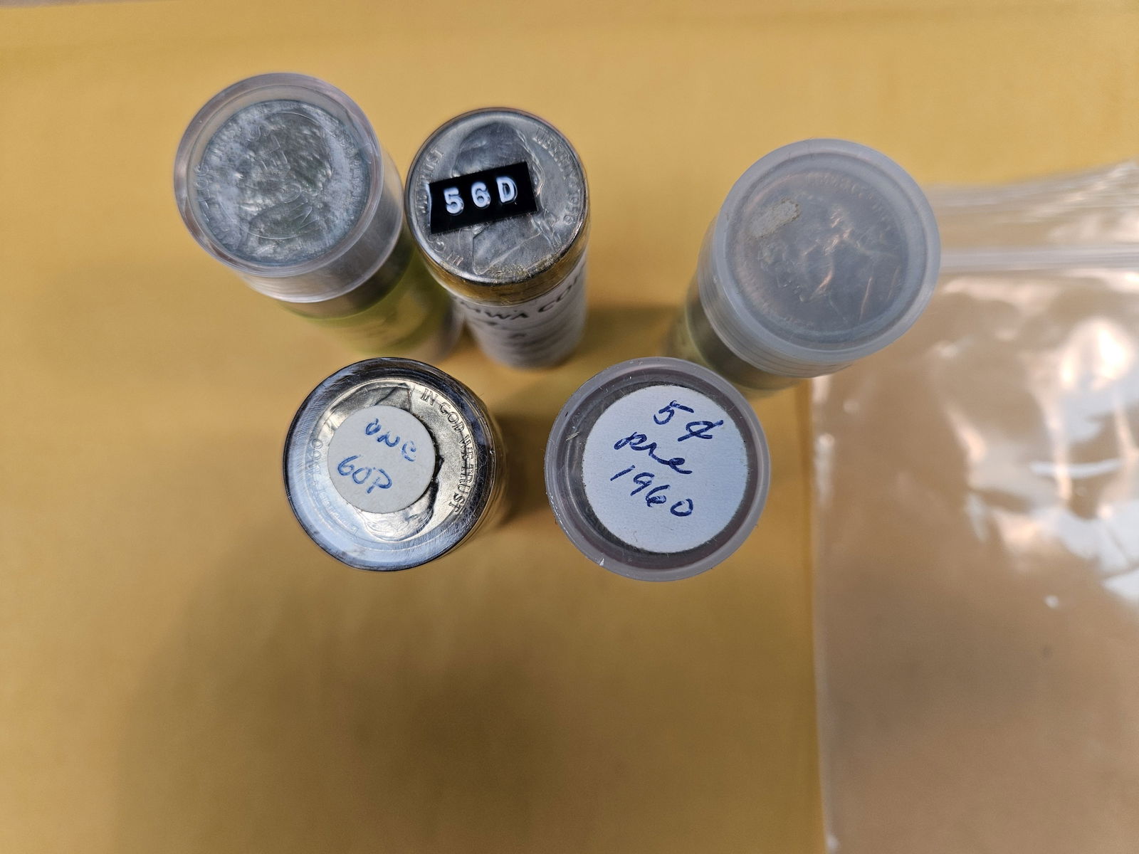 Five Rolls of Jefferson Nickels: Couple say Uncirculated. One looks mixed. All unopened and unchecked by us 