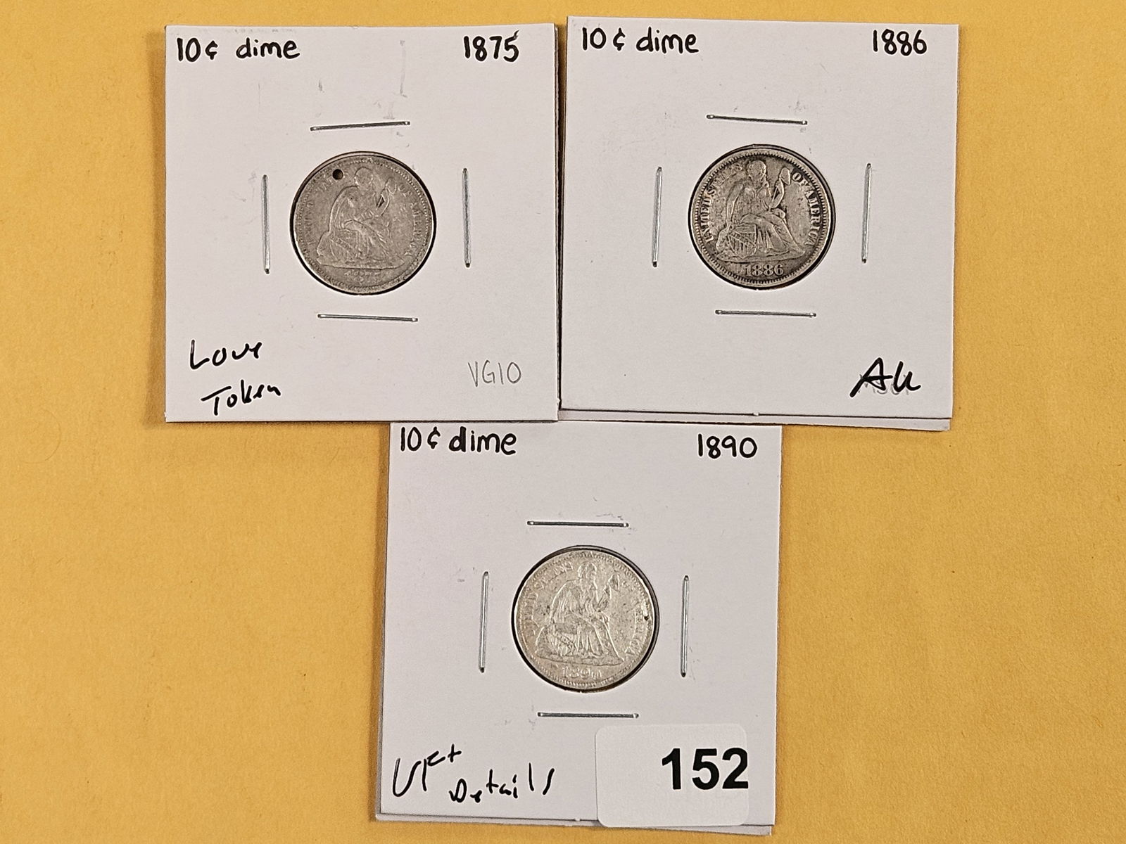 Three fun Seated Liberty silver Dimes: 1875 Love Token, 1890 in VF - details and 1886 in About Uncirculated 