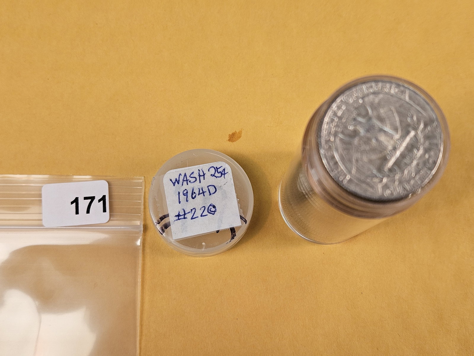 Full Roll of silver Washington Quarters: From Consignor. Unchecked by us. Top says 1964-D. probably all circulated