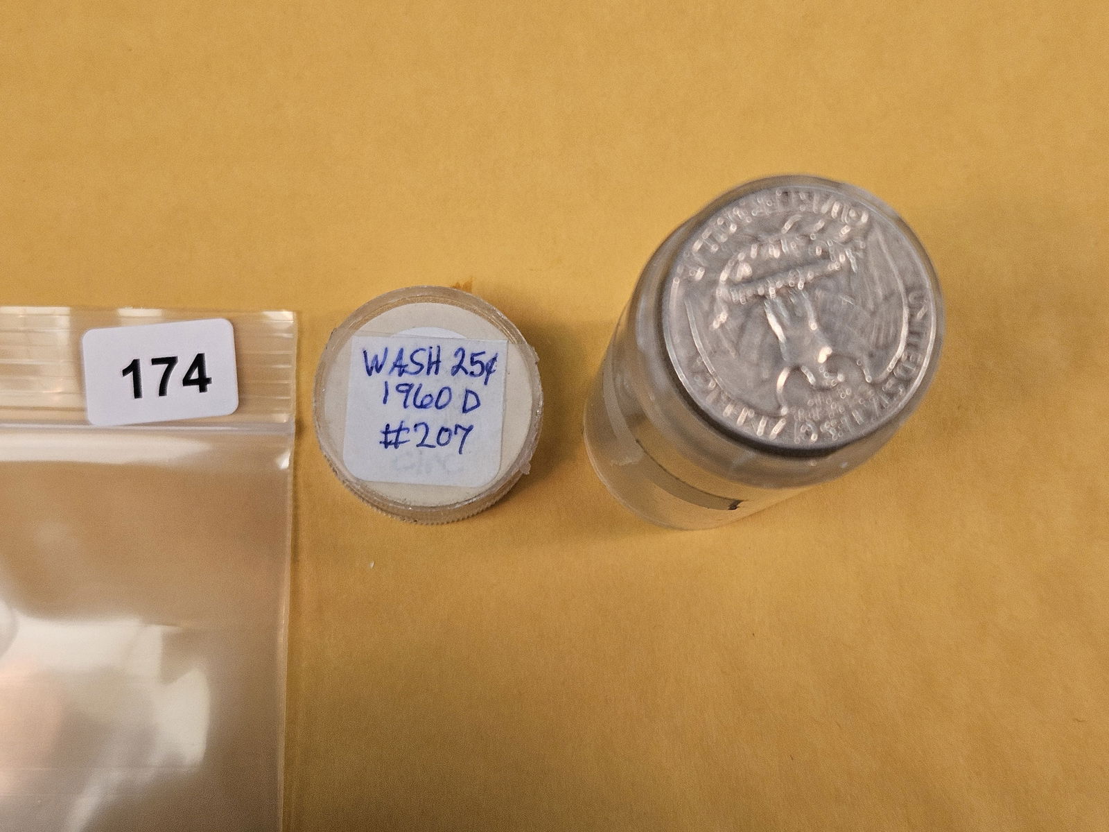 Full Roll of silver Washington Quarters: From Consignor. Unchecked by us. Top says 1960-D. Probably all circulated 