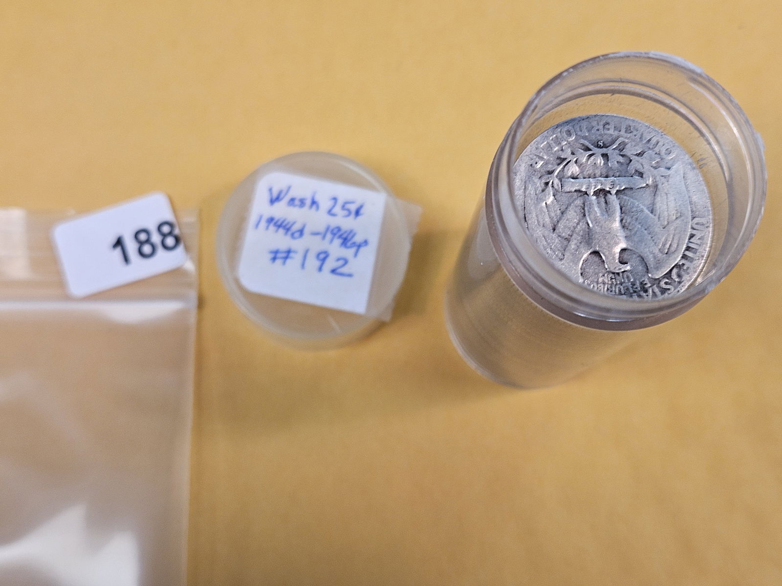 Full Roll of silver Washington Quarters: From Consignor. Unchecked by us. Top says 1944D - 46. Probably all circulated