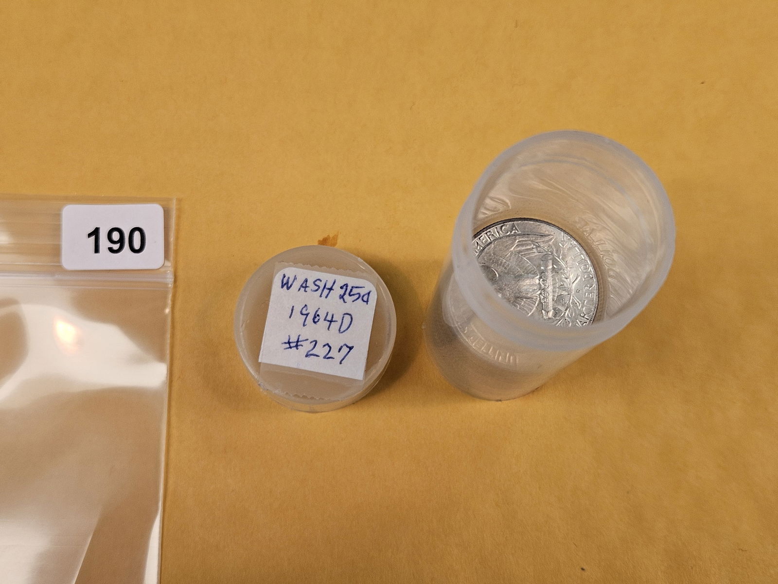 Nineteen silver Washington Quarters: From Consignor. Unchecked by us. Top says 1964-D. Probably all circulated