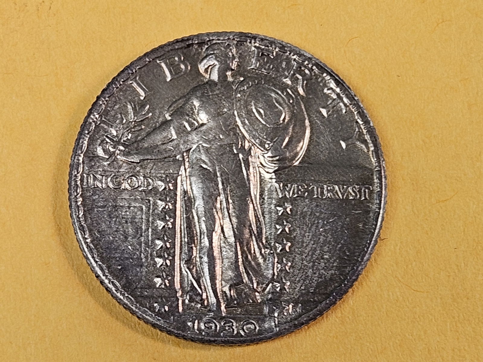 Toned Uncirculated 1930 Standing Liberty Quarter: Very few marks 