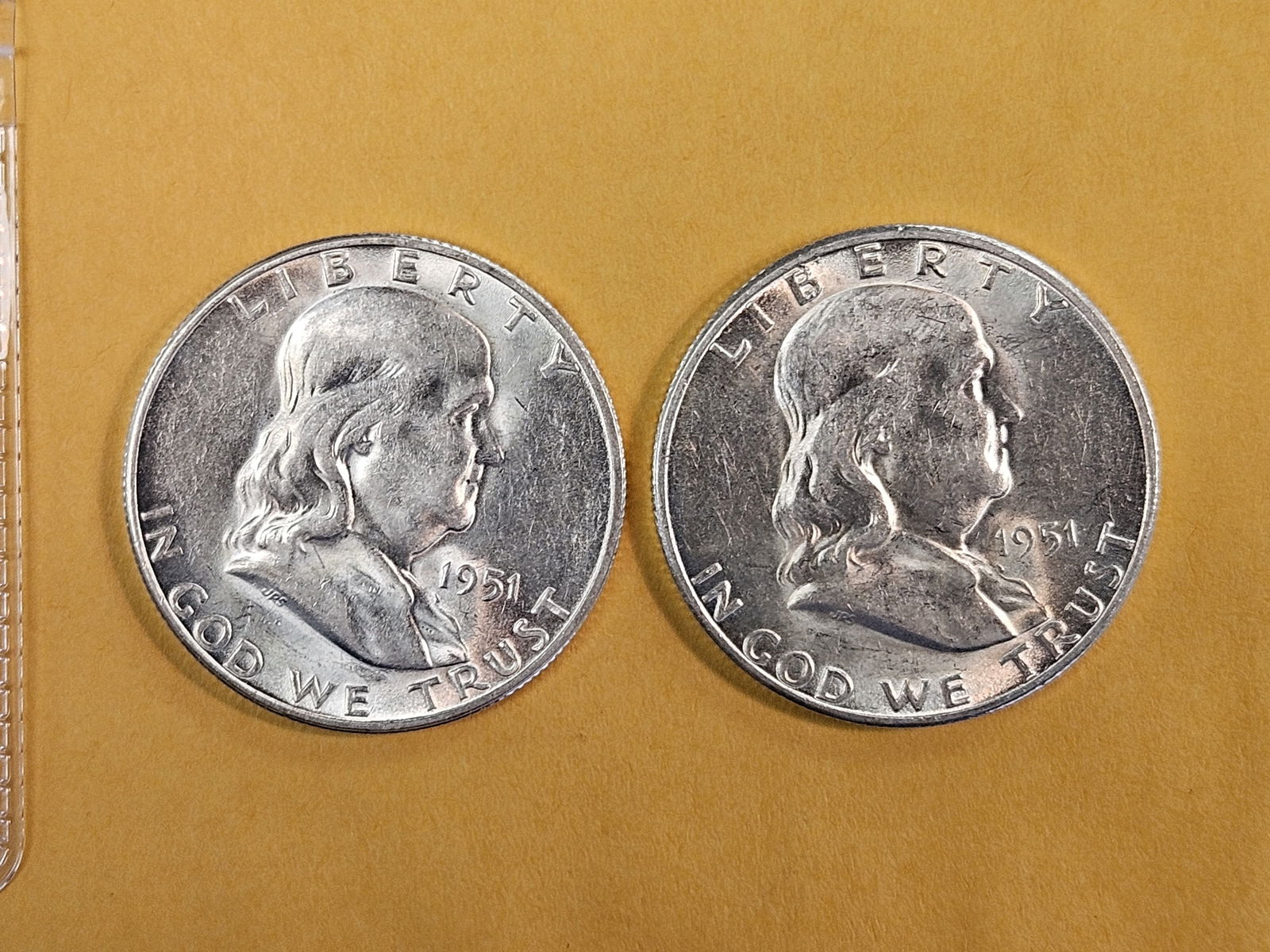 Pair of Brilliant About Uncirculated - 58 Franklin silver Half Dollars (1 of 5)