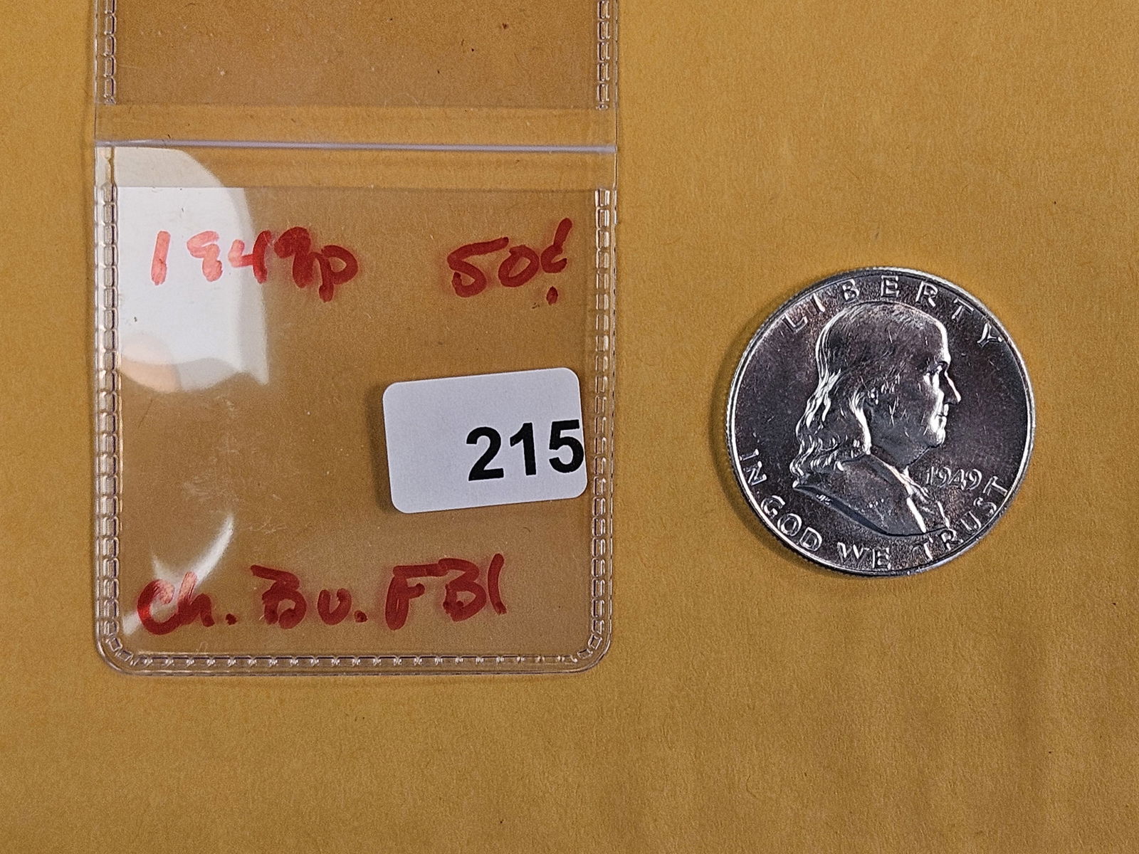 Choice Brilliant Uncirculated 1949 Franklin silver half dollar FBL - 2