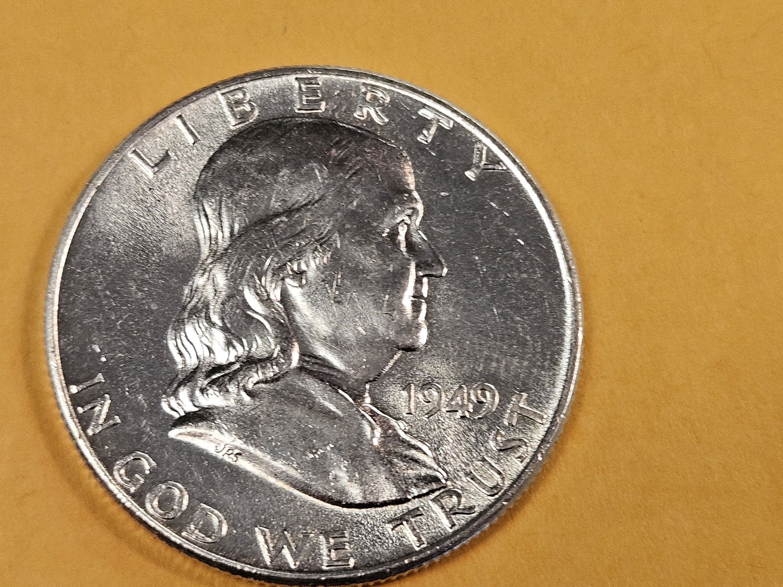 Choice Brilliant Uncirculated 1949 Franklin silver half dollar FBL - 3