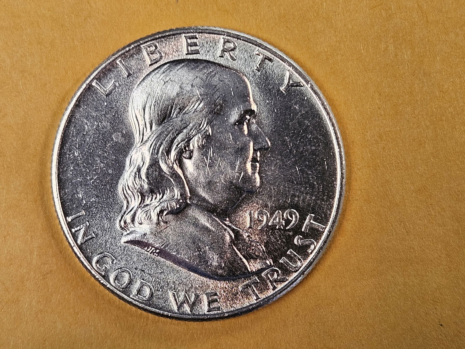 Choice Brilliant Uncirculated 1949 Franklin silver half dollar FBL - 4